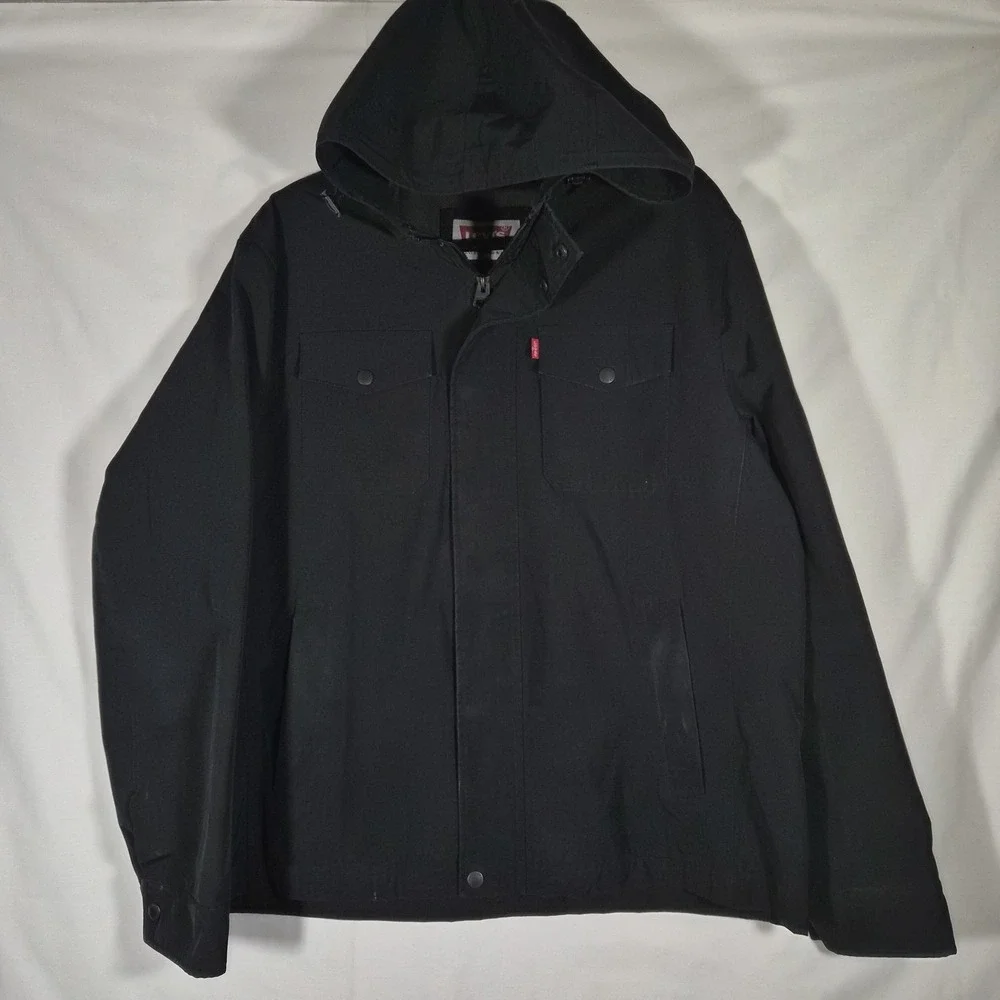 Levi's Mens Large Black Hooded Rain Jacket Lightweight Windbreaker Full Zip... - Picture 1 of 10